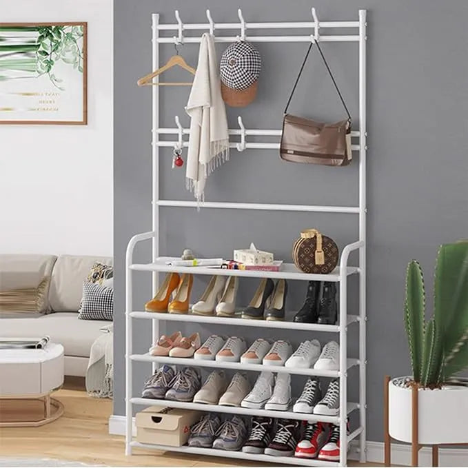 👟🧢 Multi-Functional Shoe & Hat Rack | 4-Tier Metal Shelf with Hooks