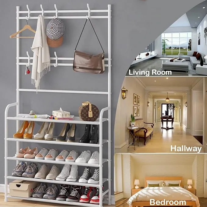 👟🧢 Multi-Functional Shoe & Hat Rack | 4-Tier Metal Shelf with Hooks